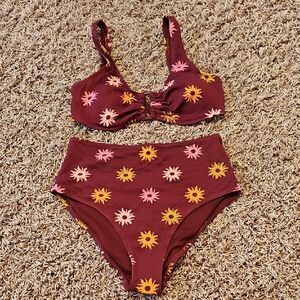 Old Navy Burgundy Bikini Set with Pink and Yellow Floral Print
